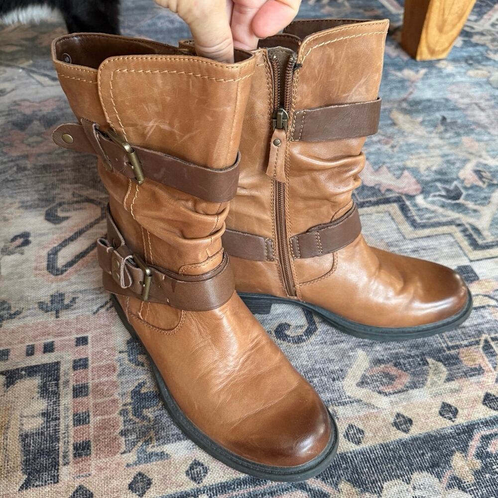 Earth Shoes Everwood Almond Leather Moto Buckle Mid-Calf Boots Sz 7.5B Brown